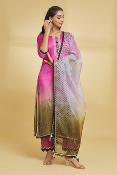 Pink ombre kurta with floral motif, tassels and lace details. Paired with a pant and dupatta. - Aza Fashions Designer Salwar Kameez With Tassels For Navratri, Designer Wear Dupatta With Tassels For Diwali, Designer Multicolor Tassel Dupatta, Festive Chanderi Kurta With Tassels, Designer Wear Salwar Kameez With Tassels And Traditional Drape, Festive Palazzo Set With Tassels For Diwali, Festive Pink Sharara With Tassels, Festive Pink Tassel Sharara, Festive Designer Salwar Kameez With Tassels