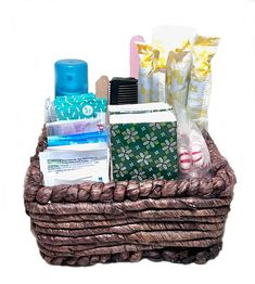 a basket filled with personal care items on top of a table