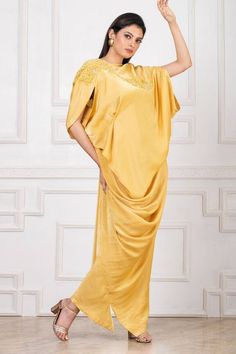 Yellow gown with front drape and placed floral pearl applique embellishment. - Aza Fashions Evening Dresses With Pearl Embroidery And Cape Sleeves, Elegant Satin Dresses For Reception, Wedding Gown With Draped Sleeves And V-neck, Formal Dress With Pearl Embroidery And Traditional Drape, Elegant V-neck Gown For Reception, Elegant Draped Kaftan With Draped Sleeves, Formal Dress With Pearl Embroidery In Traditional Drape, Elegant Evening Kaftan With Draped Sleeves, Formal Traditional Pre-draped Dresses