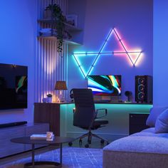 a living room filled with furniture and colorful lights