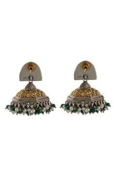 Shop for Neeta Boochra Peacock Carved Jhumka Earrings Online at Aza Fashions Green Tilla Jhumkas For Reception, Green Festive Jhumkas For Ceremonial Occasions, Green Festive Ceremonial Jhumkas, Festive Green Ceremonial Jhumkas, Festive Ceremonial Green Jhumkas, Traditional Green Jhumkas For Reception, Ceremonial Green Jhumkas With Latkans, Festive Ceremonial Dual-tone Jhumkas, Peacock Motif