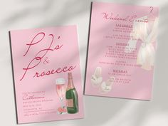 a pink wedding card with champagne and shoes on the front, and a bottle of wine in the back