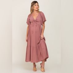 A Solid Hue Maxi Dress Featuring A Cinched V-Neckline, Short Flutter Sleeves, A Smocked Back, And A Gathered Bottom Tier. Dress Is Lined. In Loom By Pinkblush New Without Tags. Inventory #P566 Maternity V-neck Ruched Dress, Feminine V-neck Ruched Maxi Dress, V-neck Midi Dress With Ruffle Hem In Rayon, Rayon V-neck Midi Dress With Ruffle Hem, V-neck Rayon Midi Dress With Ruffle Hem, Rayon Midi Dress With Ruffle Hem And V-neck, V-neck Ruched Maternity Dress, Maternity V-neck Dress With Ruched Details, Feminine Ruffled Maxi Dress With Surplice Neckline