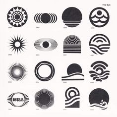 an image of different types of logos in black and white, with the sun above them