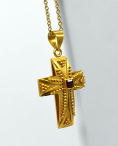 "18K Gold Byzantine Style Cross with Center Ruby This Cross is Dimensional and Has Weight to it. Refer to the First Photo Where You Are Able to see the Profile of this Piece. HANDMADE IN GREECE Weighs 5.9 Grams Measures 1 1/4\" High x 3/4\" Wide Chain Sold Separately" Byzantine Gold, Cross Jewelry, Ancient Greece, Cross Pendant, Cartier, Beautiful Jewelry, Greece, 18k Gold, Ruby