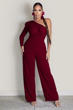 Indulge in luxury with this One Shoulder Wide Leg Jumpsuit, featuring a subtle stretch and regular fit. The semi-sheer fabric and wide leg design add an elegant touch to this sophisticated piece. 97% Polyester, 3% Elastane Model is wearing size small Please allow 3-5 business days to process and ship. in cm : US Size Length Sleeve Length Inseam Bust Waist Size Hip Size Thigh Cuff Bicep Length 2 XS 146.40 63.00 79.00 76.00 60.00 87.00 59.30 17.00 24.80 4 S 148 64 79.5 80 64 91 61.5 18 26 6 M 149. Fitted Floor-length Strapless Jumpsuit For Evening, Elegant Solid Color Pantsuit For Date Night, Formal Stretch Solid Color Jumpsuits And Rompers, Elegant Formal Floor-length Strapless Jumpsuit, Fitted Pantsuit For Evening, Elegant Floor-length Strapless Jumpsuit For Formal Occasions, Stretch Jumpsuits And Rompers For Formal Occasions, Full Length Party Jumpsuit, Full-length Jumpsuit For Party