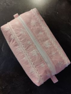 "Soft pink and while flannel make up bag with white cotton lining.  A white zipper and tow pink and white lace stripes with tiny pearls run along the top. 9\" x 5\" x 4\" box perfect for makeup, craft supplies or sewing supplies" Cute Handmade Pink Pouch, Cute Pink Cosmetic Bag With Zipper, Pink Pouch Bag With Pearl Handle, Functional Pink Cosmetic Bag With Zipper, Pink Pencil-shaped Cosmetic Bag With Zipper, Pearl And Lace, White Snowflake, Lace Edging, Toiletry Storage