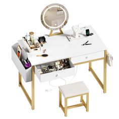 a white desk topped with a mirror and lots of clutter on top of it