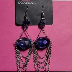 Vintage Paparazzi Earrings Blue Uv Shimmer Silver Tone Chandelier Style With Chains New Without Original Bag. Original Earring Card Sterling Silver Chain Earrings For Party, Sterling Silver Earrings With Silver Chain For Party, Party Silver Chain Drop Earrings, Nickel-free Sapphire Jewelry For Party, Sapphire Nickel-free Jewelry For Party, Blue Sterling Silver Earrings For Evening, Blue Dangle Earrings For Evening, Sapphire Metal Jewelry For Party, Elegant Blue Jewelry With Silver Chain