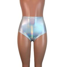 Our classic high waist hot pants with scrunch ruching detail in back to offer a "cheekier" look. These hot pants are made of stretchy opal holographic spandex and sit high on your natural waist. Wear as a bikini bathing suit bottom, panties, rave shorts, running shorts, etc. They have a built in liner and are made to be flattering to your figure. Fitted Shiny Shorts For Summer, Fitted Shiny Metallic Bottoms, Fitted Metallic Shiny Bottoms, Stretch High Waist Swimwear For Club, Stretch High Waist Club Swimwear, Shiny Stretch Bottoms For Summer, Stretch High-waist Swimwear For Club, Metallic Shiny Bottoms For Club, Iridescent Bottoms For Summer Party