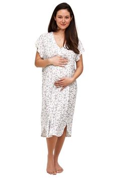 Lila Button Down Nightgown in Lila Print Summer Maternity Loungewear Dress Nursing Friendly, Spring Maternity Nursing Friendly Sleepwear, Spring Nursing-friendly White Sleepwear, Summer Maternity Sleepwear, Nursing Friendly, Spring Casual Nursing-friendly Sleepwear, Short Sleeve Floral Sleep Dresses, White Nursing Friendly Sleepwear, Short Sleeve Floral Print Sleep Dresses, Summer Maternity Dress, Nursing Friendly, For Daywear