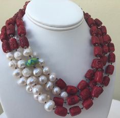 Red Sea Bamboo, hand-knotted in silk, 3 mm Swarovski crystal, 6 mm red calcite, fresh water pearls, Venetian glass bead from Venice with sterling silver, hand-crafted clasp. This 4 strand, carved bamboo necklace  is 18 inches in length, weight is 7.3 oz, handcrafted in North Palm Beach, Florida by designer-artist Christine Smith Bamboo Necklace, Mermaid Pendant, Lace Bracelet, Silver Chain Style, Fresh Water Pearls, Coral Jewelry, Venetian Glass, Special Jewelry, Water Pearls