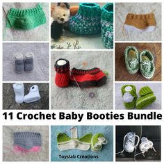 crochet baby booties and slippers are featured in this collage with the words, 11 crochet baby booties bundle