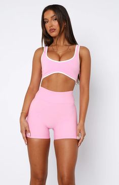 I'll Prove It Sports Crop Baby Pink/White | White Fox Boutique US Sporty Sports Bra With Built-in Padding For Summer, Pink Fitted Activewear With Built-in Padding, Sleeveless Activewear With Built-in Padding For Sports, Sports Swimwear With Built-in Bra And Wide Straps, Pink Activewear With Built-in Padding For Light Sports, Sporty Contoured Sports Bra With Built-in Bra, White Sports Bra With Built-in Bra And Wide Straps, Contoured Sports Bra With Built-in Padding For Gym, White Nylon Activewear With Built-in Padding