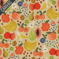 a bunch of fruit on a beige background with the words canvass written below it