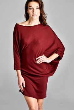 'Perfect Storm' Dress - This sophisticated off the shoulder dress is the perfect storm of sexy meets elegant, meets edgy. Why this is in out Top 10 list of wardrobe staples is because its versatility as both a dress and a long top! With 3/4 dolman sleeves and a boatneck, the tunic can be kept as simply dress. Pull it off one shoulder, add some heels and you have a great date dress. Available in Burgundy. 62% Polyester, 33% Rayon and 5% Spandex. Made in USA. Storm Dress, The Perfect Storm, Beautiful Evening Gowns, Date Dress, Simply Dress, Date Dresses, Perfect Storm, What's Your Style, Top 10 List