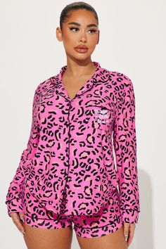 Available In Pink/combo. 2 Piece PJ Set Long Sleeve Collared Shirt Front Pocket Sleep Shorts Drawstring Waistband Final Sale Disclaimer: Print Placement May Vary 95% Polyester 5% Spandex Imported | Crazy In Love PJ Short Set in Pink size Small by Fashion Nova Babrie Pajamas, Baddie Stuff, Night Clothes, Pajama Short Set, Long Sleeve Collared Shirt, Stephanie Rao, Pajama Short, Gal Gadot Wonder Woman, Footed Pajamas