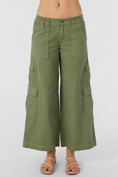 Effortlessly stylish woven cargo pant that features a relaxed fit design and solid color wash. O'Neill Women's woven cargo pant 28" Inseam 10 1/4" Rise Cargo pockets at side Welt pockets at back Solid color wash 100% Cotton Twill Green Cargo Style Wide-leg Parachute Pants, Military Style Wide Leg Cotton Cargo Pants, Military Wide Leg Bottoms With Pockets, Green Cotton Pants With Flap Pockets, Green Cotton Cargo Jeans With Flap Pockets, Fall Green Parachute Pants With Cargo Pockets, Spring Military Wide Leg Cargo Pants, Relaxed Fit Green Wide Leg Pants With Cargo Pockets, Military Wide Leg Cotton Cargo Jeans