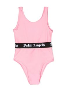 a pink one piece swimsuit with black and white lettering on the side, which reads los angeles