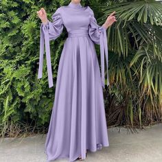 Modest Ramadan Eid Maxi Dress Purple Spring Purple Maxi Dress For Banquet, Purple Long Sleeve Maxi Dress For Banquet, Muslim Dress, Hijab Chic, Satin Maxi Dress, Hijab Dress, Modest Dresses, Glamorous Evening Gowns, Flowing Maxi Dress