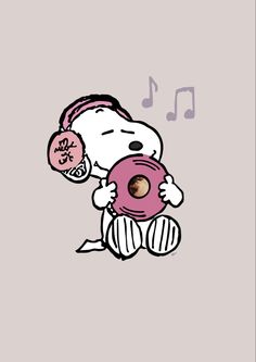 a cartoon character holding a pink object with music notes on it's ear and sitting down