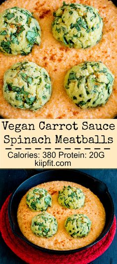 vegan carrot sauce spinach meatballs in a cast iron skillet