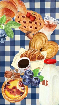 a painting of pastries and milk on a checkered tablecloth with blueberries