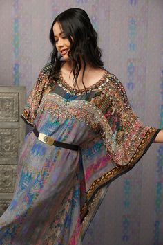 Soup By Sougat Paul | Multicolor Ikaya Embroidered Kaftan With Bottom And Belt | INDIASPOPUP.COM Embroidery Paisley, Kaftan Sleeves, Kaftan Set, Printed Kaftan, Embroidered Kaftan, Palazzo Set, Indian Design, Handmade Clothes, Set For Women