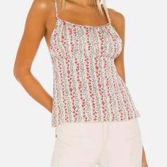 Women's Free People Tank Poly Blend Adjustable Shoulder Straps Satin Fabric Ivory With Floral Pattern White Ditsy Floral Print Summer Top, Casual White Top With Ditsy Floral Print, White Ditsy Floral Print Top For Summer, Casual White Tops With Ditsy Floral Print, White Cotton Top With Ditsy Floral Print, Trendy Cream Floral Print Tops, Chic Ditsy Floral Print Tops For Vacation, Chic Beige Printed Tops, Cream Printed Tops For Summer