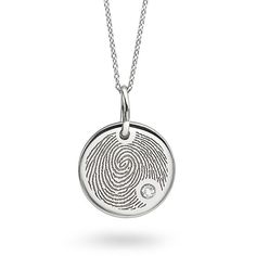 Our Fingerprint engraved necklace features a dazzling flush set diamond. The pendant measures 15mm in diameter and is in luxurious 9ct White Gold. We include a 16 - 18 inch adjustable chain--presented in our branded Serendipity Diamonds presentation box. Each pendant has a 2mm (0.03cts) flush set diamond graded G-H colour and SI clarity. We can engrave on the reverse diamond with an additional date or wording of your choice. Just contact us for more help on this or any of our designs. We will se Etched Necklaces For Anniversary, Etched Necklace For Anniversary, Etched Round Necklace For Anniversary, Elegant Etched Round Disc Necklace, Etched White Gold Round Pendant Necklace, White Gold Etched Round Pendant Necklace, Etched Medallion Necklace For Anniversary, Anniversary Etched Medallion Necklace, Medallion Etched Necklace For Anniversary