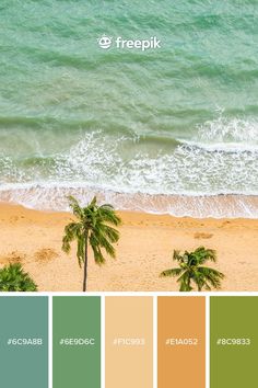 a beach with palm trees and the ocean in the background color palette is green, blue, yellow, orange