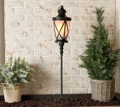 an outdoor lamp next to two potted plants