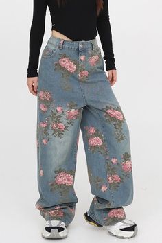 floral print wide jeans, blue floral denim pants with rose print, aesthetic baggy jeans boogzel Aesthetic Baggy Jeans, Y2k Aesthetic Clothes, Floral Denim Pants, Soft Cottagecore, Y2k Outfits Street Styles, Y2k Party Outfit, Y2k Fashion Outfit