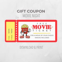 a movie ticket with an image of a popcorn character