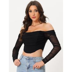 This attractive crop top features a mesh sheer long sleeve, the design of off-shoulder style, and a boned bustier. It is a must-have for any fashion-forward wardrobe. Styled with earrings, a necklace, a mini skirt, and high heels as your fashion look! Suitable for clubwear, daily, loungewear, party, school, work, office, winter, fall, summer, holiday, vocation, pub, bar, cocktail, night out, nightwear, dating. Trendy Fitted Off-shoulder Top For Party, Fitted Off-shoulder Mesh Top For Night Out, Off-shoulder Corset For Night Out, Sheer Cropped Mesh Top For Party, Trendy Fitted Off-shoulder Mesh Top, Stretch Long Sleeve Party Corset, Fitted Crop Top With Mesh Sleeves For Night Out, Trendy Off-shoulder Mesh Top, Fitted Off-shoulder Mesh Top For Party