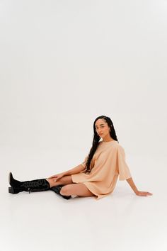 Our oversized t-shirt dress is the perfect cozy/casual dress. You can wear it by itself as a dress or with our V Cute Leather Pants as an oversized tee. Color: Peach Care: Delicate wash cold, lay flat to dry. 25” from the neck to the bottom front 30.5” from neck to bottom of back based on size small Material: 100% Cotton Chic Oversized T-shirt For Fall, Trendy Oversized Crew Neck T-shirt Dress, Trendy Oversized T-shirt Dress With Crew Neck, Oversized Crew Neck T-shirt Dress For Spring, Casual Oversized Dresses With Batwing Sleeves, Oversized Batwing Sleeve T-shirt For Spring, Oversized Casual T-shirt Dress With Short Sleeves, Casual Oversized T-shirt Dress With Short Sleeves, Oversized Casual T-shirt Dress For Fall