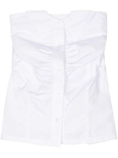 white cotton ruched detailing decorative button detailing faux pointed flat collar strapless front button placket concealed side zip fastening high-low hem Elegant White Ruched Tube Top, Fitted Strapless Top With Button Closure, Chic Strapless Top With Buttons, Elegant Strapless Cotton Top, Fitted Cotton Elegant Tube Top, Fitted Elegant Cotton Tube Top, Elegant Fitted Cotton Tube Top, Fitted Strapless Top With Buttons, Chic Strapless Top With Button Closure