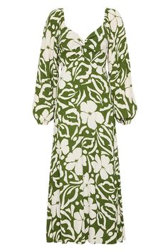 The Ondina Midi Dress in Pavito Floral Olive is designed with a flattering sweetheart neckline, long voluminous sleeves, shirred back panel and a gathered skirt that falls effortlessly to a full length hem. Considerately crafted with rayon crepe fibres from renewable wood sources and hand-printed with large contrast blooms for a statement finish. Perfect for any date night or tropical occasion. Green Bishop Sleeve Dress For Fall, Green Bishop Sleeve Dresses For Fall, Green Long Sleeve Dress For Garden Party, Green Dresses With Elastic Sleeves For Brunch, Green Fitted Midi Dress With Elastic Sleeves, Fitted Green Midi Dress With Elastic Sleeves, Olive Long Sleeve Midi Dress, Long Sleeve Dress With Gathered Neckline For Fall, Spring Olive Long Sleeve Dress