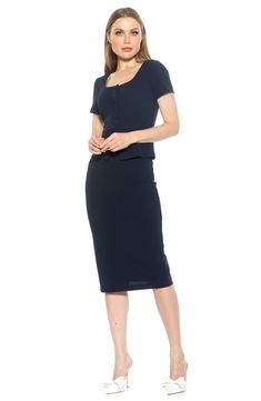 Exude polished style in a short-sleeve sheath dress fashioned with covered front buttons, a belted waist and an elegant peplum. 47 1/2" length (size X-Small) Exposed back-zip closure Scoop neck Short sleeves Partially lined 95% polyester, 5% spandex Machine wash, tumble dry Imported Chic Short Sleeve Bodycon Dress, Fitted Short Sleeve Midi Dress With Button Closure, Fitted Midi Dress With Button Closure And Short Sleeves, Evening Midi Dress With Short Sleeves And Buttons, Short Sleeve Midi Dress For Office, Classic Bodycon Short Sleeve Midi Dress, Fitted Short Sleeve Dress For Office, Classic Short Sleeve Belted Midi Dress, Chic Midi-length Short Sleeve Dress For Office