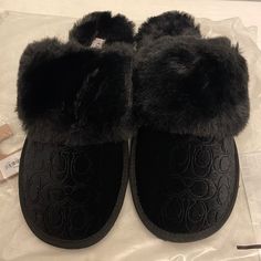 New Coach Slippers. Size 7b. Color Black. Coach Slippers, Coach Slides, Gold Slippers, Coach Flip Flops, Black Moccasins, Monogram Quilt, Velvet Slippers, Black Slippers, Moccasins Slippers