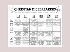 the christian dicebreakers game is shown in black and white, with words above it