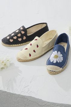 The natural appeal of canvas-and-jute – plus the fun of embroidered summer motifs – elevate the look of these “Escape” Espadrilles by Walk With Me. Imported. | Women's Escape Espadrilles by Walk With Me - Ivory - 6.5 Espadrille Flats, Knit Denim, Swim Shop, Pretty Patterns, Shoe Size Conversion, Flat Espadrilles, Espadrille Shoes, Black 7, Flat Espadrille