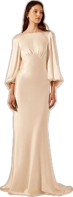 Elegant Cream Dresses With Draped Sleeves, Silk Maxi Dress With Gathered Sleeves, Cream Silk Maxi Length Gown, Dinner Maxi Dress With Draped Sleeves, Formal Floor-length Maxi Dress With Gathered Sleeves, Elegant Cream Floor-length Maxi Dress, Wedding Maxi Dress With Draped Sleeves, Cream Satin Evening Dress, Cream Satin Floor-length Maxi Dress