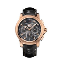 18 carat rose gold case with a black alligator leather strap. Fixed bezel. Black dial with rose gold-tone hands and index hour markers. Minute markers around the outer rim. Dial Type: Analog. Date display at the 12 o'clock position. Chronograph - three sub-dials displaying: 60 seconds, 30 minutes, and 12 hours. Carl F. Bucherer Calibre CFB 1957.1 automatic movement with about 42 hours of power reserve. Scratch resistant sapphire crystal. Screw down crown. Skeleton transparent exhibition see thro Skeleton Transparent, Carl F Bucherer, Black Alligator, Annual Calendar, Fine Pens, Rose Gold Case, Cheap Gifts, Crossbody Messenger Bag, Fragrance Gift Set