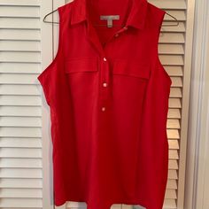 Never Worn Red Collared Sleeveless Blouse. Need The Space And Working From Home. I Don’t Need As Much Office Attire So My Loss Of Office Work Is Your Stylish Gain! Summer Sleeveless Blouse With Pockets, Red Summer Tops With Pockets, Spring Sleeveless Blouse With Pockets, Casual Sleeveless Tops With Pockets, Fitted Sleeveless Top With Pockets, Casual Sleeveless Workwear Blouse, Red Summer Blouse With Pockets, Red Blouse With Pockets For Summer, Solid Sleeveless Top With Pockets