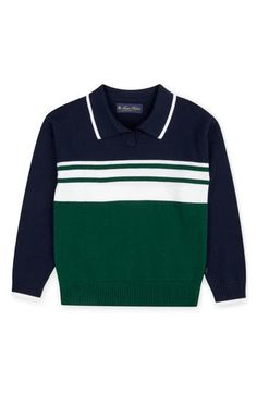 Soft cotton offers daylong comfort for your busy kiddo in this smart polo-sweater patterned with classic stripes. Ribbed cuffs and hem 100% cotton Dry clean or machine wash, flat dry Imported Cotton Sweater With Striped Hem For Winter, Classic Collared Polo Sweater With Contrast Stripes, Preppy Cotton Sweater For School, Classic Striped Sweater With Ribbed Collar, Cotton Polo Sweater With Striped Collar, Classic Cotton Polo Sweater With Striped Collar, Classic Striped Polo Sweater With Polo Collar, Fall Cotton Polo Sweater With Striped Collar, Classic Striped Polo Sweater With Ribbed Collar