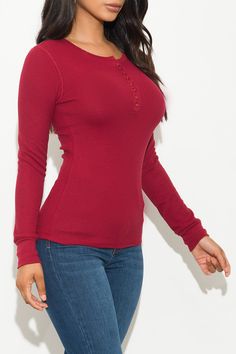 Round Neck Perfect fit Ultra-soft Snap Button Henley Thermal Knit Top Ultra-stretchy Long length Model is wearing a size Small 58% Cotton 39% Polyester 3% Spandex US Size Chart Small (2-4) Medium (6-8) Large (10-12) Bust 30''-32'' 32''-34'' 34''-36'' Waist 25''-26'' 27''- 28'' 30''-32'' Length 22'' 23'' 24'' Fitted Long Sleeve Ribbed Henley, Fitted Casual Henley With Button Closure, Casual Stretch Henley For Fall, Fitted Long Sleeve Henley For Fall, Solid Ribbed Long Sleeve Henley, Thermal Top, Off Shoulder Tops, Types Of Fashion Styles, Long Length