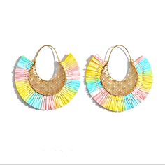 Gold Threader Earrings Featuring Cubic Zirconia Details And Raffia Accents. Lots Of Sparkle And Shine. - Approximately 2.5" In Diameter Spring Rainbow Earrings, Bohemian Multicolor Earrings For Vacation, Colorful Hoop Earrings For Summer, Rainbow Earrings For Spring, Rainbow Dangle Earrings For Summer, Bohemian Multicolor Vacation Earrings, Colorful Hoop Summer Earrings, Multicolor Beach Earrings For Spring, Colorful Summer Hoop Earrings For Party