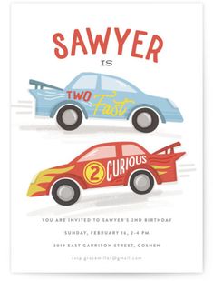 two cars birthday card with the words, savyer is two fast and one curious