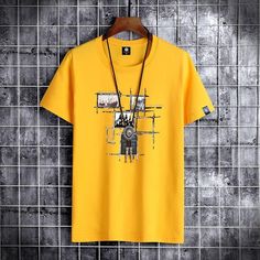 Trendy Cotton T-shirt With Graphic Design, Yellow Cotton T-shirt With Text Print, Yellow Cotton T-shirt With Graphic Design, Yellow Graphic Cotton T-shirt, Yellow Cotton T-shirt With Graphic Print, Yellow Graphic Design T-shirt, Yellow Graphic Design Short Sleeve T-shirt, White Cotton Blouse, Half Sleeve Shirts